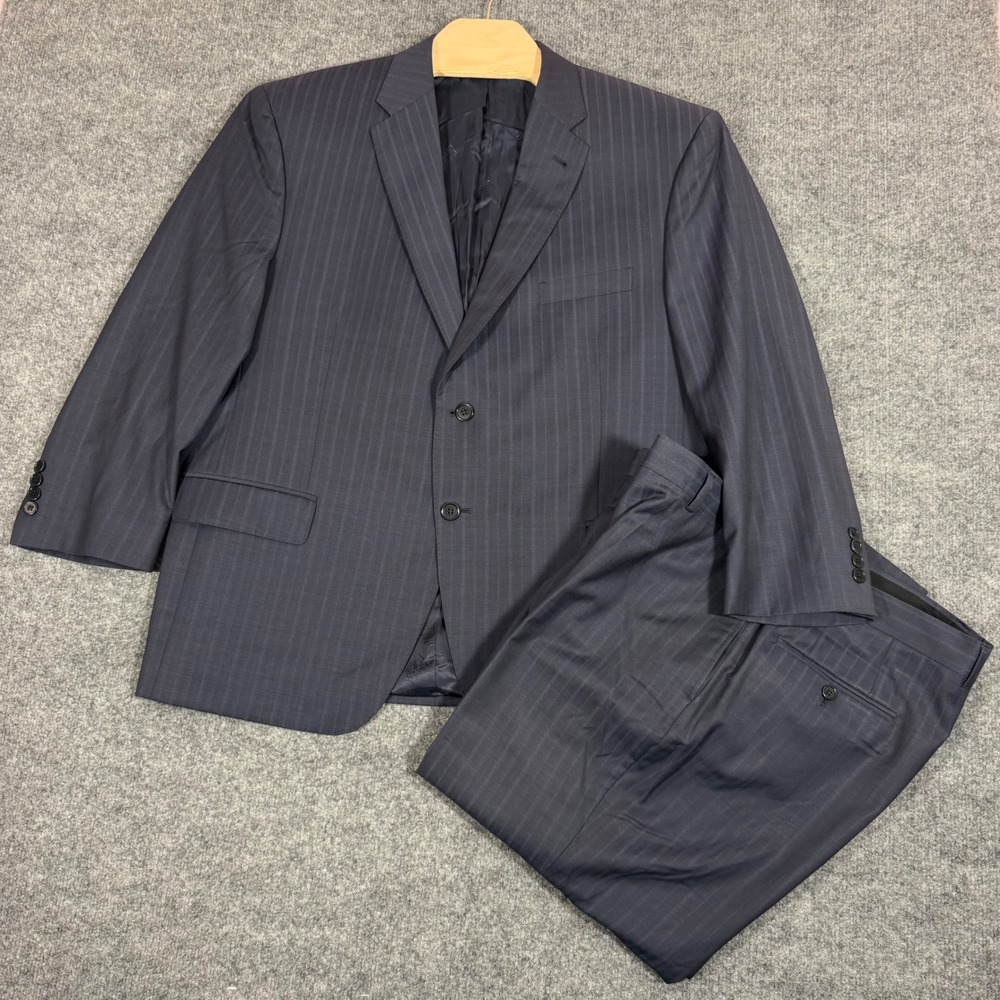 Jos A Bank Signature Gold Pinstripe Suit Mens 46S 38x25 Navy Blue 100% Wool GUC